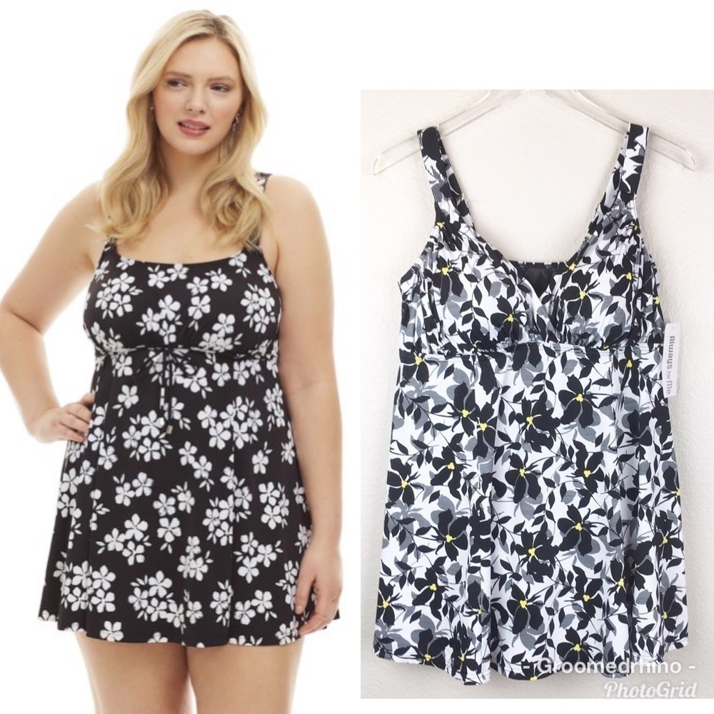 Always For Me Black & White Floral Swim Dress Size 16